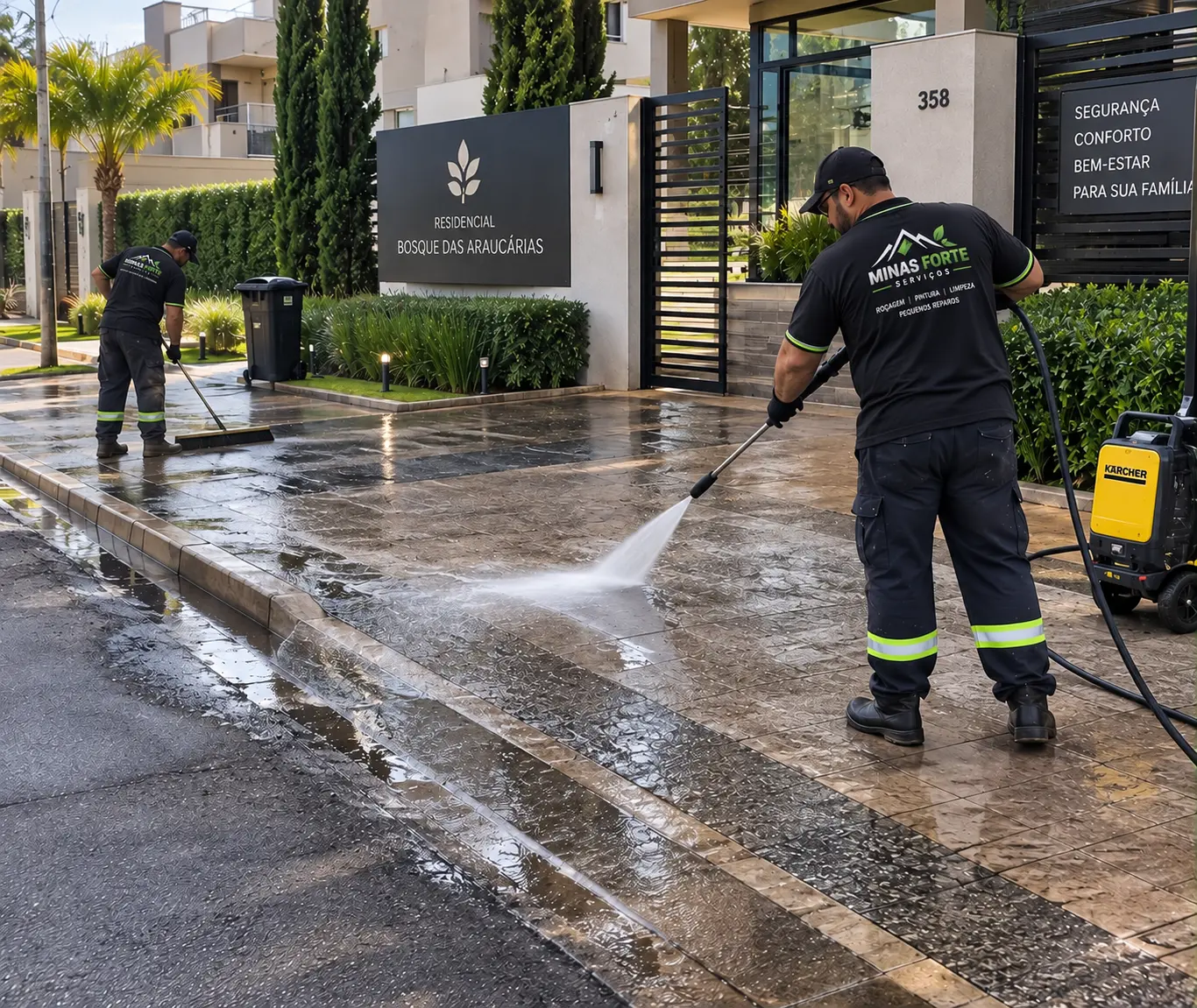 Profissionais uniformizados da Minas Forte realizando lavagem com alta pressão na entrada de um condomínio