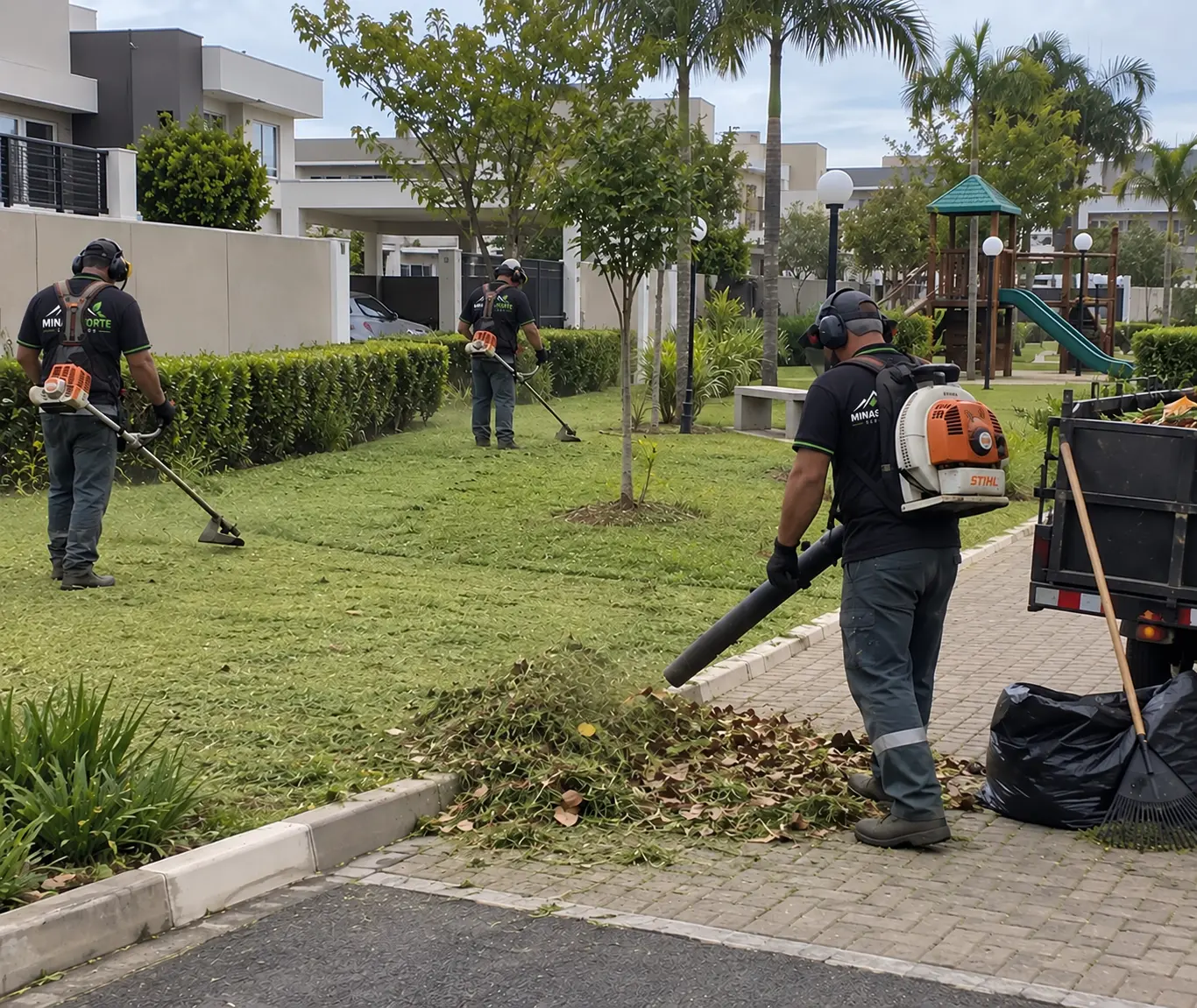 Equipe da Minas Forte realizando roçagem e acabamento em área verde de condomínio.