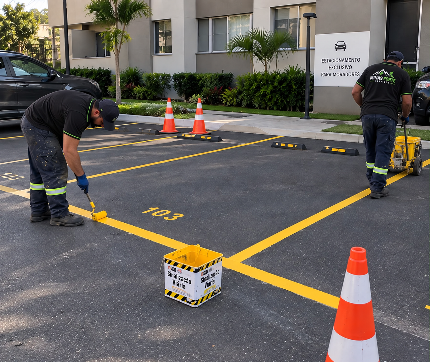 Profissionais da Minas Forte realizando demarcação de vagas em estacionamento de condomínio.